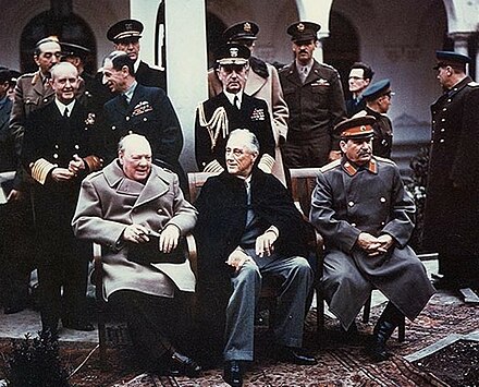 Yalta Conference featuring the "Big Three". (Front row, from left to right) British prime minister Winston Churchill, American president Franklin D. Roosevelt, and Soviet leader Joseph Stalin