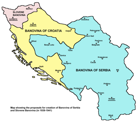Map showing the proposals for creation of Banovina of Serbia, Banovina of Croatia and Slovene Banovina (in 1939–1941). Most of Bosnia was to be a part of Serbia, since the Serbs were the relative majority of the Bosnian population and the absolute majority on most of the territory.