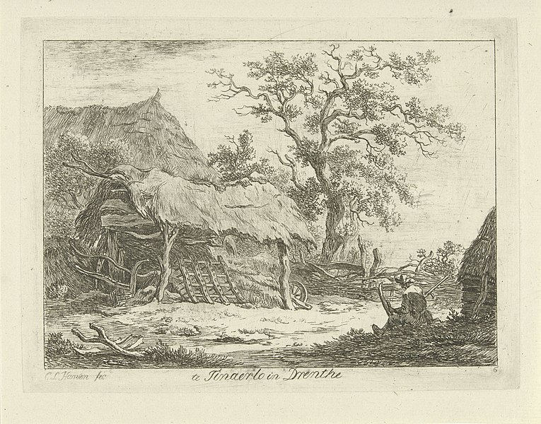 File:Zittende figuur bij een schuur Te Tinaerlo in Drenthe (titel op object) Landschappen (1-6) (serietitel), RP-P-1878-A-972.jpg