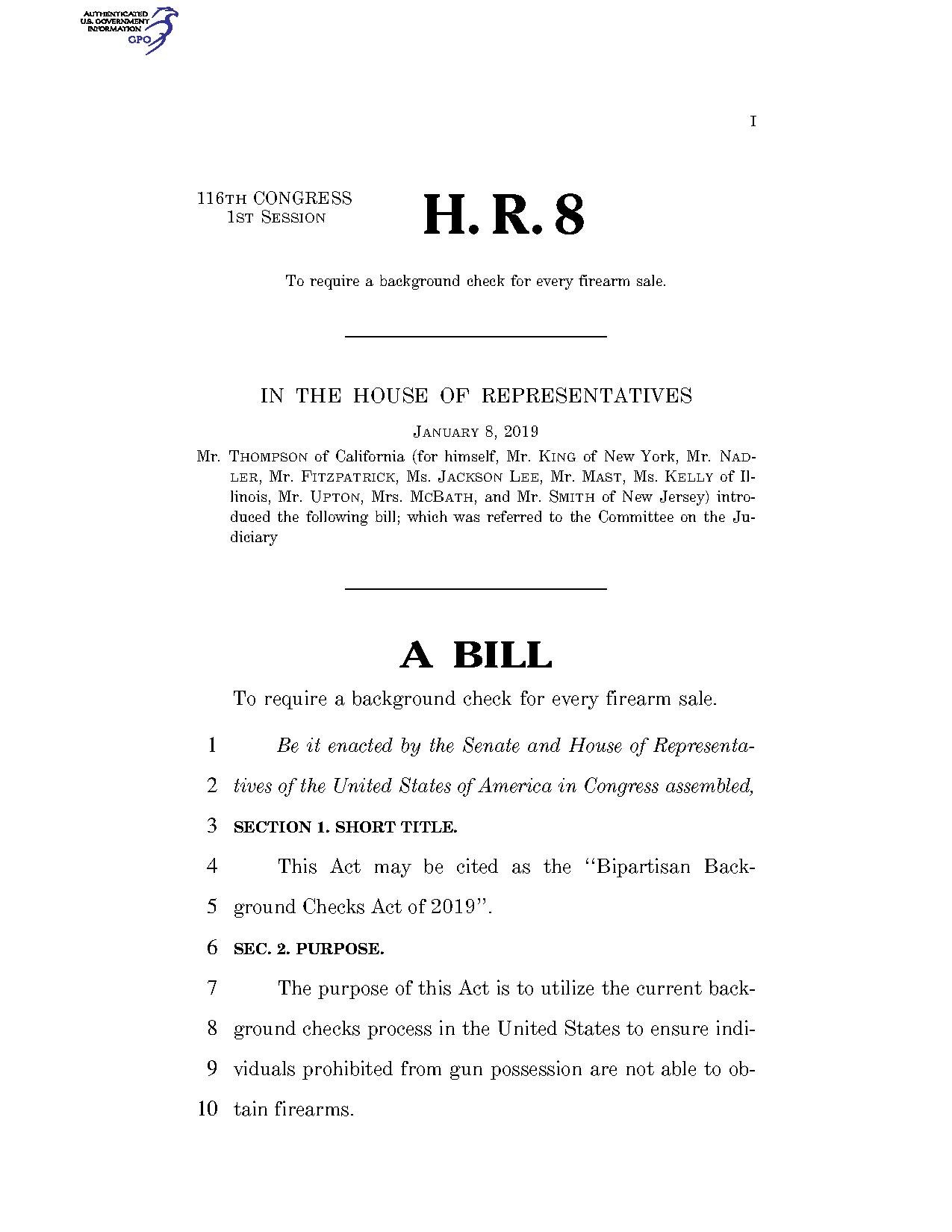 File:116th United States Congress H. R. 0000008 (1st session) - Bipartisan  Background Checks Act of  - Wikimedia Commons