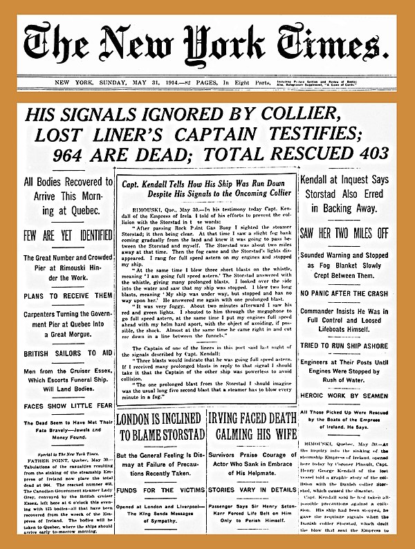 Within two days, newspapers related Captain Kendall's testimony of his ordering whistle warning blasts and evasive maneuvers as a fog bank closed betw