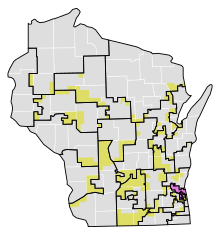 Map after redistricting, changes highlighted.
Territory which was moved to a new district
Districts which contain none of their prior territory 1992 Prosser v WI Elections Board senate districts.svg