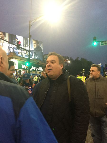 Garlin is an avid fan of the Chicago Cubs. In this image, he is seen in Wrigleyville before Game Four of the 2016 World Series.