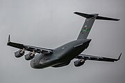 A Boeing C-17 Globemaster III, tail number 95-0103, taking off from RAF Mildenhall in the United Kingdom. It is assigned to the 62nd Airlift Wing and the 446th Airlift Wing at Joint Base Lewis McChord in Washington, USA.