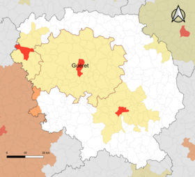 Localisation de l'aire d'attraction de Guéret dans le département de la Creuse.