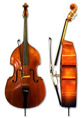 An upright bass viewed from the side and head-on