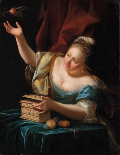 File:A woman, seated by a table in fancy costume, freeing a songbird from its cage 2000 AMS 02458 0154 000(010241).jpg