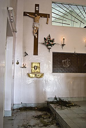 Destroyed property inside the Adoration Monastery, Mangalore, after it was vandalised by lobbyists of the Bajrang Dal, during the September 2008 attacks on Christians in Mangalore Adoration Mangalore.jpg