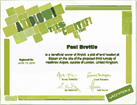 Certificate of beneficial ownership issued by Greenpeace in respect of the Airplot at Sipson. Airplotcert.svg