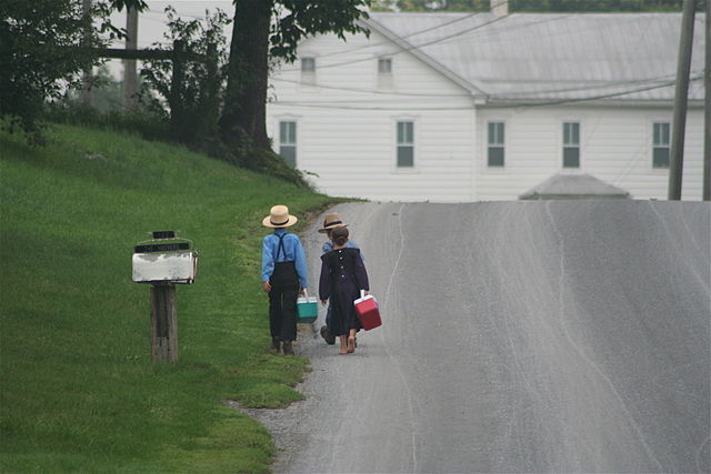 Амишка деца иду у школу. Амишима је забрањена имовина аута или аутобуса као и лична фотографија (САД, 2006)