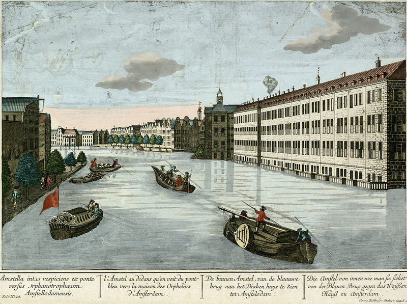 Au niveau de la rivière Amstel, Amsterdam en 1750 par Probst.