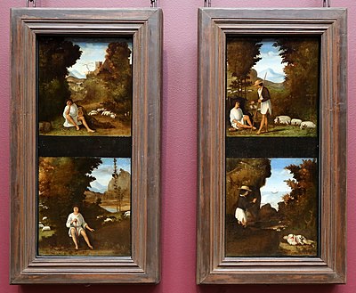 Scenes from Tebaldeo's Eclogues Andrea previtali, scene dalle ecloghe di tebaldeo, la storia di damone, 1510 ca. 01.jpg