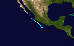 Karte eines Pfades im Pazifischen Ozean entlang der Westküste von Mexiko. Der größte Teil von Baja California ist oben im Bild zu sehen, Mittelamerika ist rechts zu sehen und die Küste der Golfstaaten in den Vereinigten Staaten ist oben rechts zu sehen.