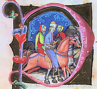 Ο ξανθός Ανδρέας με το άλογό του, που συνοδεύεται από δύο άλλους, πηγαίνει από τη Βενετία στην Ουγγαρία να καταβάλλει τον Λαδίσλαο Δ'. (Από το Εικονογραφημένο χειρόγραφο)