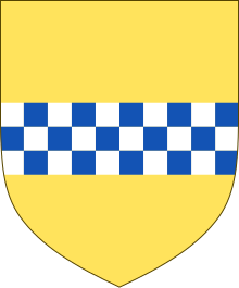 Arms of Stewart, Hereditary Grand Steward of Scotland: Or, a fess chequy argent and azure, adopted at the start of the age of heraldry, c.1200-1215. Part of the High Steward's role was managing the King's finances, the accounting for which was performed on a chequered cloth (as in the Exchequer in England) to help them count coins, hence the fess chequy Arms of Stewart.svg