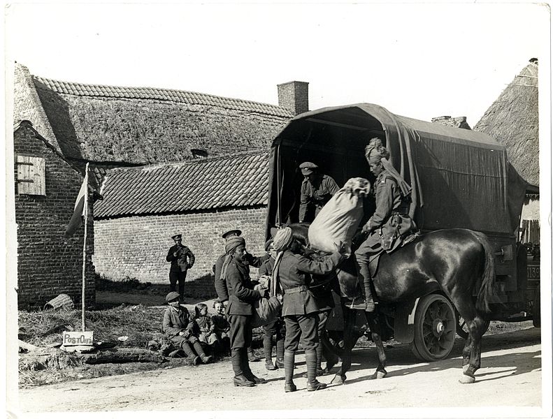 File:Arrival of mail at Brigade Post Office (Linghem, France). Photographer- H. D. Girdwood. (13874252173).jpg