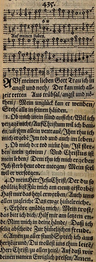 The hymn in Praxis Pietatis Melica, 1653, with a bass line by Johann Cruger Auf meinen lieben Gott (1653).jpg