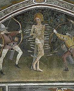 Cycle de la vie de saint Sébastien, fresque, détail du maître-autel, Saint-Étienne-de-Tinée (Alpes-Maritimes).