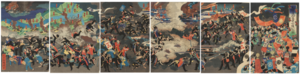 Ústup šógunátních sil před císařskou armádou, v pozadí hrad Jodo