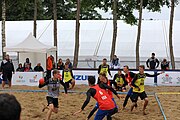 Deutsch: Beachhandball Europameisterschaften 2019 (Beach handball Euro); Tag 5: 6. Juli 2019 – Männer, Platzierungsspiel für die Ränge 5–8, Frankreich-Deutschland 0:2 (18:22, 16:19) English: Beach handball Euro; Day 5: 6 July 2019 – Placement Match/Cross Match for rank 5–8 Men – Frankreich-Deutschland 0:2 (18:22, 16:19)