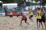 Deutsch: Beachhandball Europameisterschaften 2019 (Beach handball Euro); Tag 2: 3. Juli 2019 – Männer, Vorrunde Gruppe B, Russland-Dänemark 2:0 (22:16, 21:17) English: Beach handball Euro; Day 2: 3 July 2019 – Women Preliminary Round Group A – Men Preliminary Round Group B – Russia-Denmark 2:0 (22:16, 21:17)