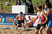 Deutsch: Beachhandball Europameisterschaften 2019 (Beach handball Euro); Tag 1: 2. Juli 2019 – Männer, Vorrunde Gruppe C, Schweiz-Ukraine 2:1 (22:23, 17:14, 9:6) English: Beach handball Euro; Day 1: 2 July 2019 – Men Preliminary Round Group C – Switzerland-Ukraine 2:1 (22:23, 17:14, 9:6)