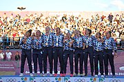 Deutsch: Beachhandball bei den Olympischen Jugendspielen 2018 in Buenos Aires; Tag 7, 13. Oktober 2018; Medaillenzeremonie Mädchen - Gold: Argentinien, Silber: Kroatien, Bronze: Ungarn English: Beach handball at the 2018 Summer Youth Olympics in Buenos Aires at 13 October 2018 – Medal Ceremony Girls - Gold: Argentina, Silver: Croatia, Bronze: Hungary Español: Handball de playa en los Juegos Olimpicos de la Juventud Buenos Aires 2018 en 13 de octubre de 2018 – Medalla Ceremonia para niñas - Oro: Argentina, Plata: Croacia, Bronce: Hungría