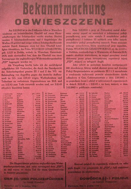 Announcement of execution of 100 Polish roundup (pol: łapanka) hostages as revenge for assassination of five German policemen and one SS man by Armia Krajowa's guerrilla fighters (referred to in the text as: a Polish "terrorist organization in British service"). Warsaw, 2 October 1943.