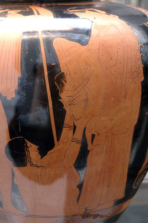 Gaia hands her newborn, Erichthonius, to Athena as Hephaestus watches – an Attic red-figure stamnos, 470–460 BC