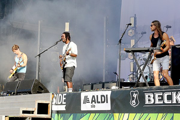 Bloc Party performing live in 2019. From Left to Right: Lissack, Okereke, Harris, and Bartle