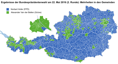 Mehrheitsverteilung auf Ebene der Gemeinden (ohne Briefwahlstimmen); Gemeinden mit Gleichstand (beide Kandidaten 50 %) sind grau gefärbt.