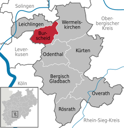 Läget för staden Burscheid i Rheinisch-Bergischer Kreis