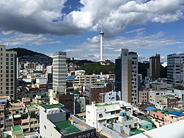 从札嘎其远眺龙头山公园和釜山塔