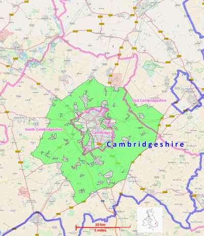 Cambridge green belt showing extents, counties, and districts
.mw-parser-output .legend{page-break-inside:avoid;break-inside:avoid-column}.mw-parser-output .legend-color{display:inline-block;min-width:1.25em;height:1.25em;line-height:1.25;margin:1px 0;text-align:center;border:1px solid black;background-color:transparent;color:black}.mw-parser-output .legend-text{}
Green belt
County border
District borders Cambridge Green Belt.svg