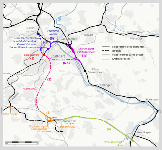 Carte des sept parties du projet Stuttgart 21. En noir les lignes existantes, en couleur les nouveaux tronçons.