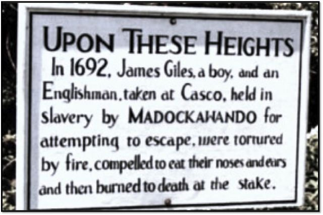 Sign at site of death of John Gyles' brother, Dyce Head Lighthouse Rd., Castine, Maine