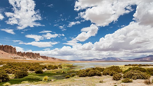 Panoramic view of the Tara Cathedrals (left) and the the Tara salt flat in the Atacama Desert, northern Chile.