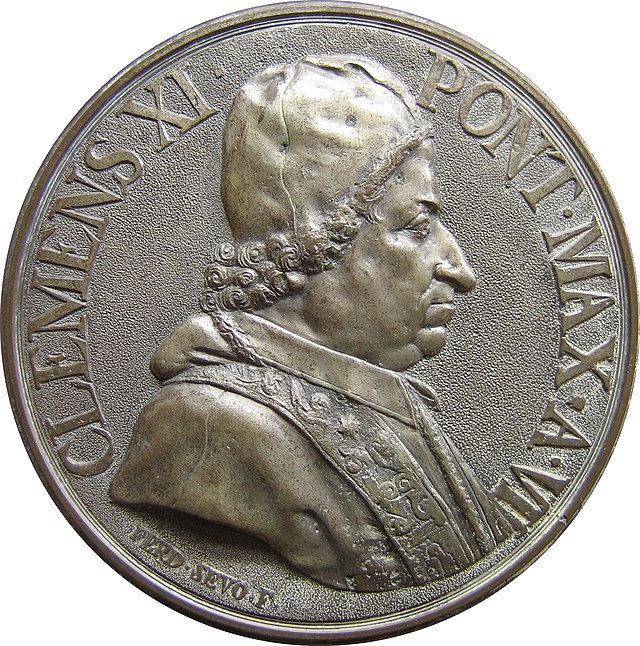 Силуэт Папы Климента XI (1649—1721) на старинной монете (1706—1707)