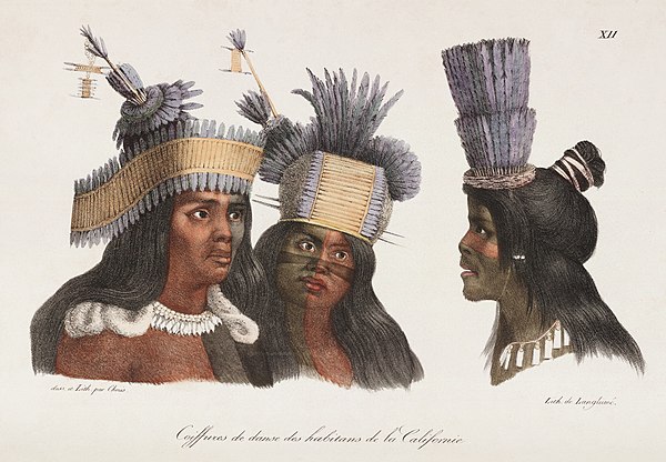 Watercolor of traditional Ohlone headdresses by Louis Choris