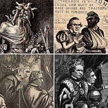 Harper's Weekly cartoonist Thomas Nast regularly skewered Andrew Johnson's reconstruction policies as dangerous and destructive; clockwise from top left: Johnson as a Medusa-headed Lady Justice in Southern Justice, Johnson as Iago to a wounded soldier of the U.S. Colored Troops as Othello, King Andy with "prime minister" Seward, and Johnson as Emperor Nero with Seward in Amphitheatrum Johnsonianum Collage of Andy Johnson cartoon depictions by Thomas Nast.jpg