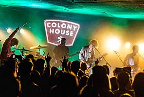 Colony House performing in 2018. L to R: Will Chapman, Parke Cottrell, Caleb Chapman and Scott Mills.