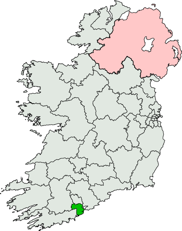 A schematic map of Ireland with only constituency borders and state borders drawn, a small segment is highlighted in green, showing the location of the constituency