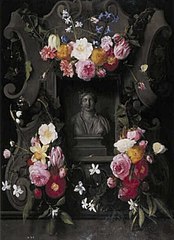 Flowers on a relief with a niche containing a bust of Flora
