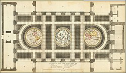 Danckert Danckerts's copperplate engraving of Jacob Vennekool's sketch of the 1648 Amsterdam Burgerzaal
floor mosaic in Jacob van Campen's 1661 Afbeelding van 't Stadt Huys van Amsterdam
. De Grondt en Vloer vande Groote Burger Sael.jpg