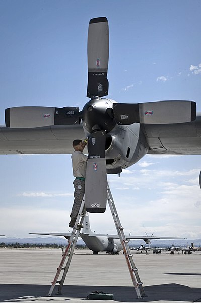 File:Defense.gov News Photo 110518-F-HG907-924 - Staff Sgt. Christopher Rhodus performs an inspection on a C-130 Hercules engine during a mobility air forces exercise at the Nevada Test and.jpg