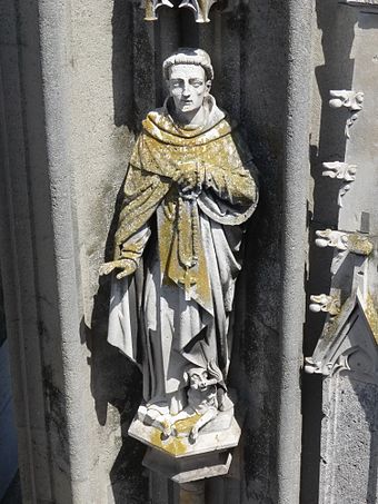 Lichens on a limestone statue on a tower of Regensburg Cathedral