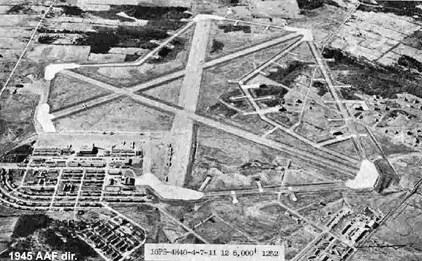 Dow Army Airfield, July 1944. Around 1950, the facilities on the south side of the airfield were razed and a new Air Force Base built on the north sid