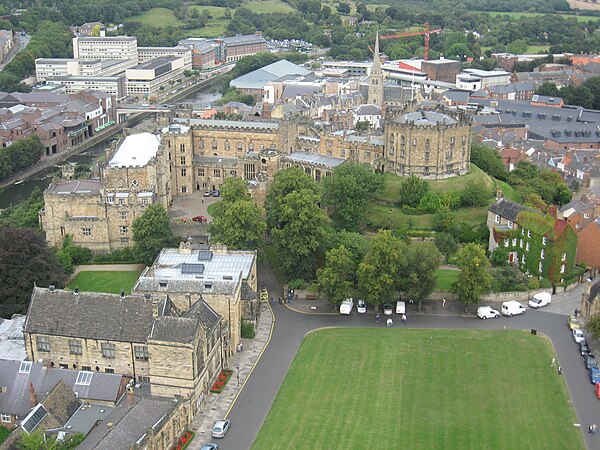 Modern view from Durham Cathedral looking towards Durham Castle across Palace Green