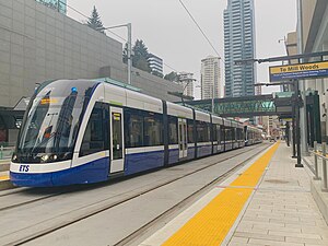 ETS Flexity Freedom LRVs at 102 Street stop, Valley Line Southeast opening day, 11-04-2023.jpg