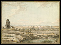 View of Bangalore Fort, from the East, with a small shrine and a dismounted horseman in the foreground, and cattle grazing beyond, by Robert Hyde Colebrooke (1762-1808) in 1791[27]